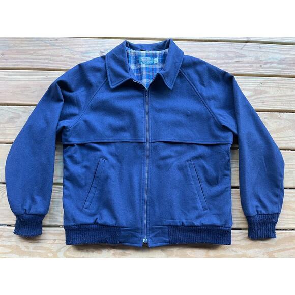 Vintage Pendleton 100% Virgin Wool navy Bomber Lined Jacket. Plaid Lined. LARGE. - Picture 1 of 10
